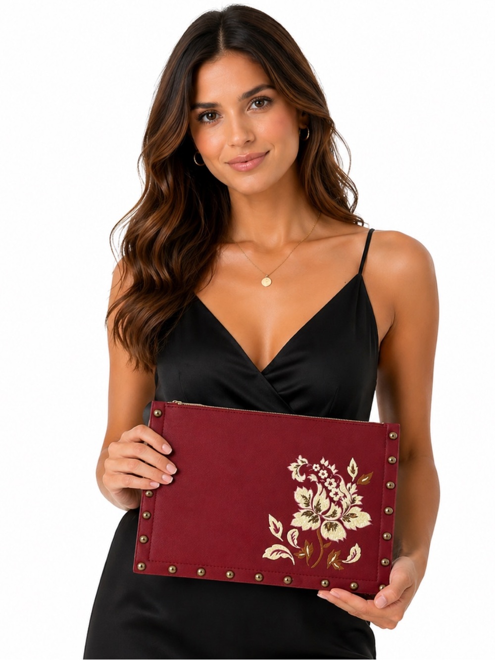 NWT White House Black Market Burgundy Floral Embroidered Clutch Bag
